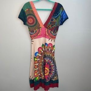 RARE EUC Desigual Mandala Bohemian Double V Neck Flare Dress Size XS